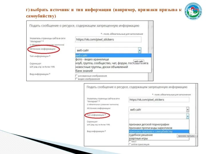 г) выбрать источник и тип информации (например, признаки призыва к самоубийству)