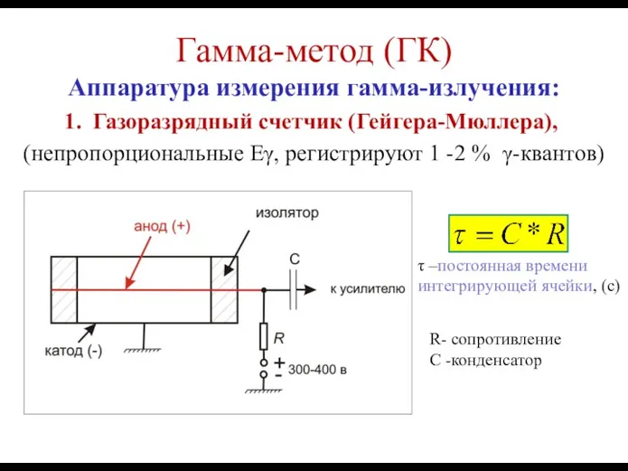 Гамма-метод (ГК) Аппаратура измерения гамма-излучения: Газоразрядный счетчик (Гейгера-Мюллера), (непропорциональные Еγ, регистрируют 1 -2