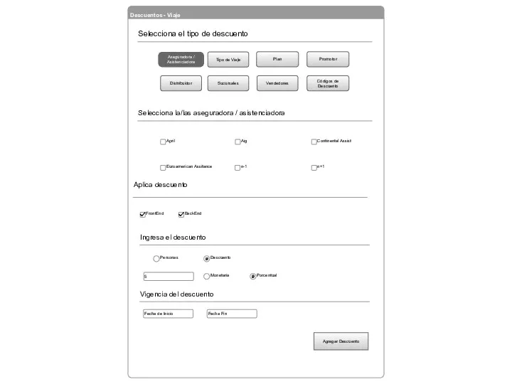 Descuentos - Viaje Agregar Descuento Selecciona la/las aseguradora / asistenciadora