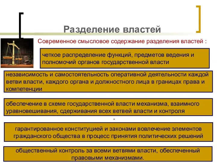 Разделение властей Современное смысловое содержание разделения властей : четкое распределение функций, предметов ведения