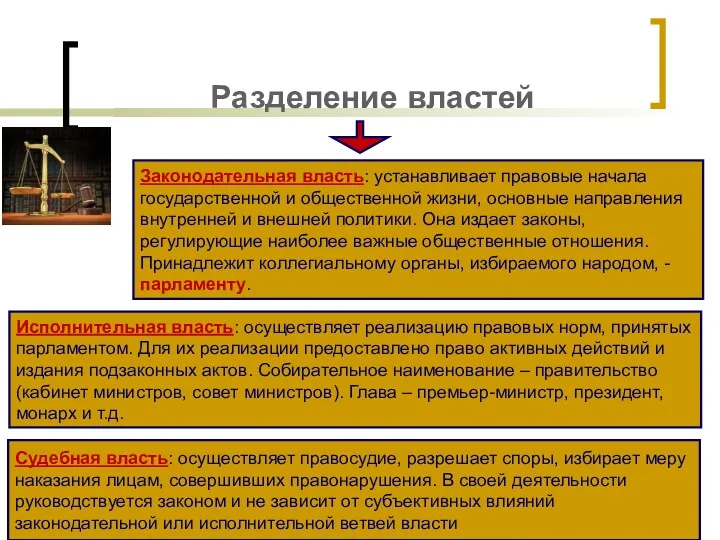 Разделение властей Законодательная власть: устанавливает правовые начала государственной и общественной жизни, основные направления