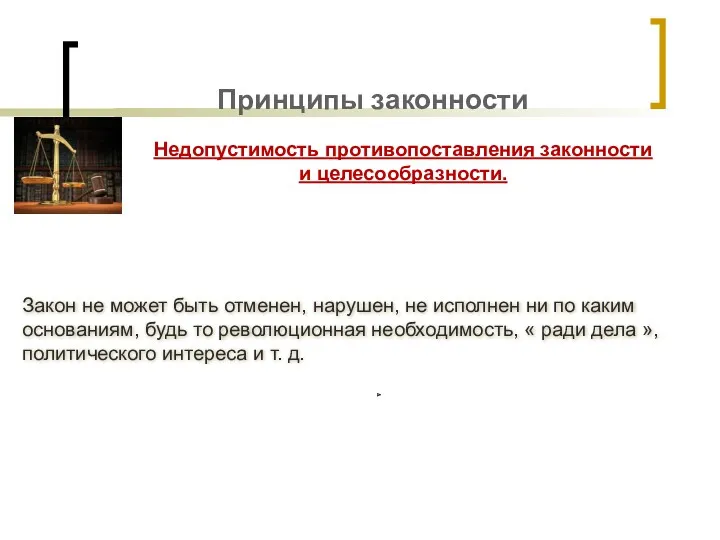 Принципы законности Недопустимость противопоставления законности и целесообразности. Закон не может быть отменен, нарушен,