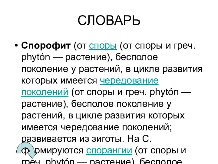 СЛОВАРЬ Спорофит (от споры (от споры и греч. phytón —