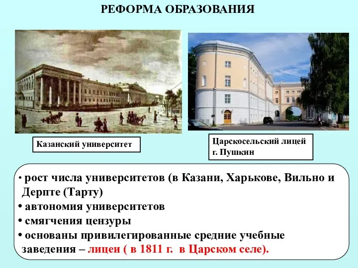 РЕФОРМА ОБРАЗОВАНИЯ Казанский университет рост числа университетов (в Казани, Харькове,