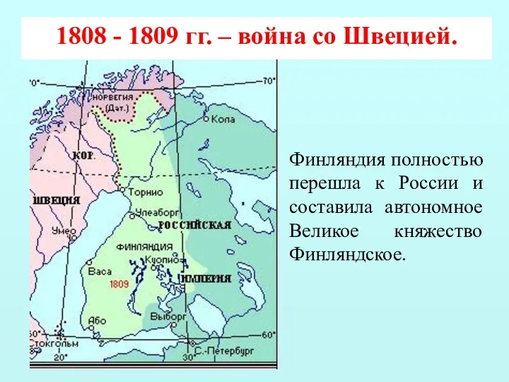 1808 - 1809 гг. – война со Швецией. Финляндия полностью