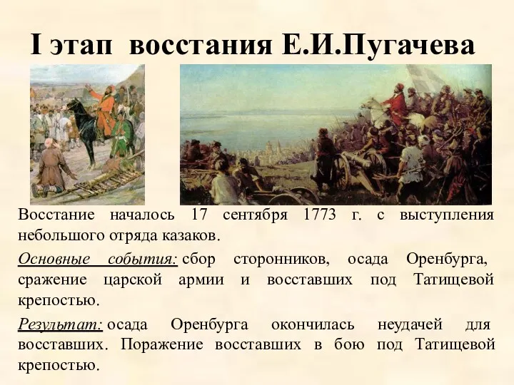 I этап восстания Е.И.Пугачева Восстание началось 17 сентября 1773 г. с выступления небольшого