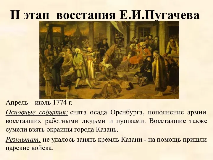 II этап восстания Е.И.Пугачева Апрель – июль 1774 г. Основные события: снята осада