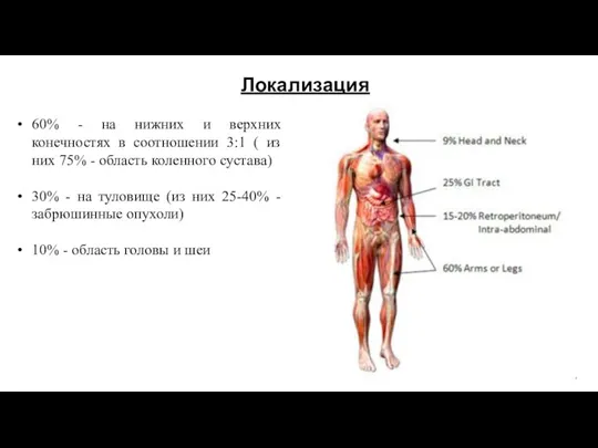 Локализация 60% - на нижних и верхних конечностях в соотношении