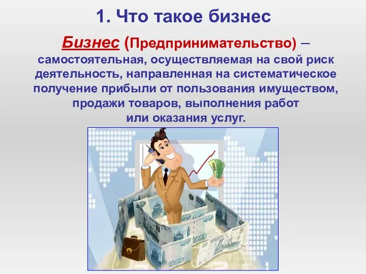 1. Что такое бизнес Бизнес (Предпринимательство) – самостоятельная, осуществляемая на