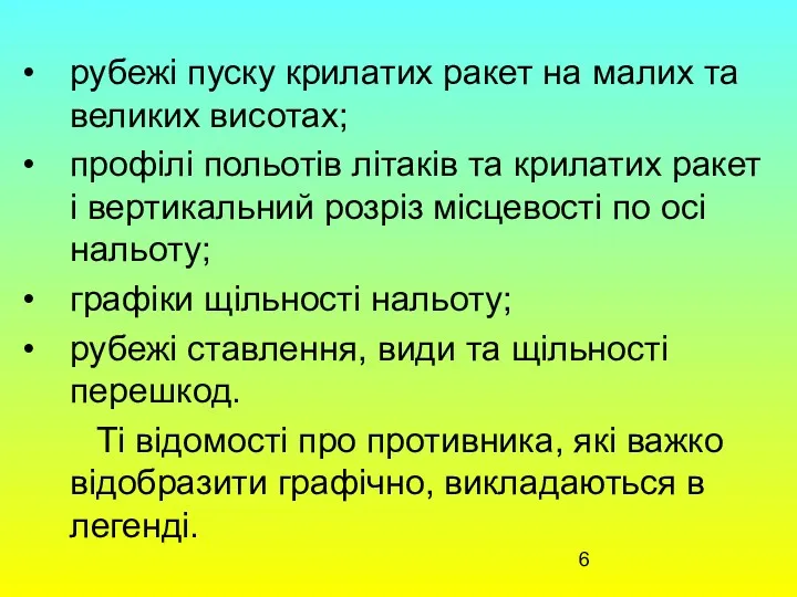 рубежі пуску крилатих ракет на малих та великих висотах; профілі