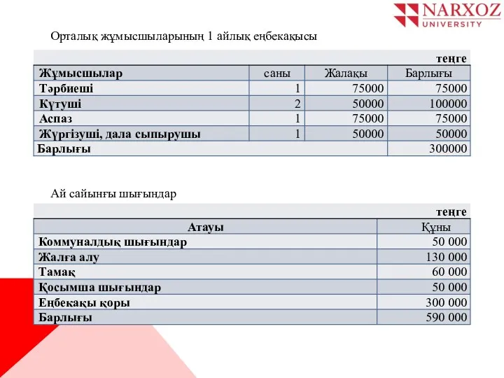 Орталық жұмысшыларының 1 айлық еңбекақысы Ай сайынғы шығындар