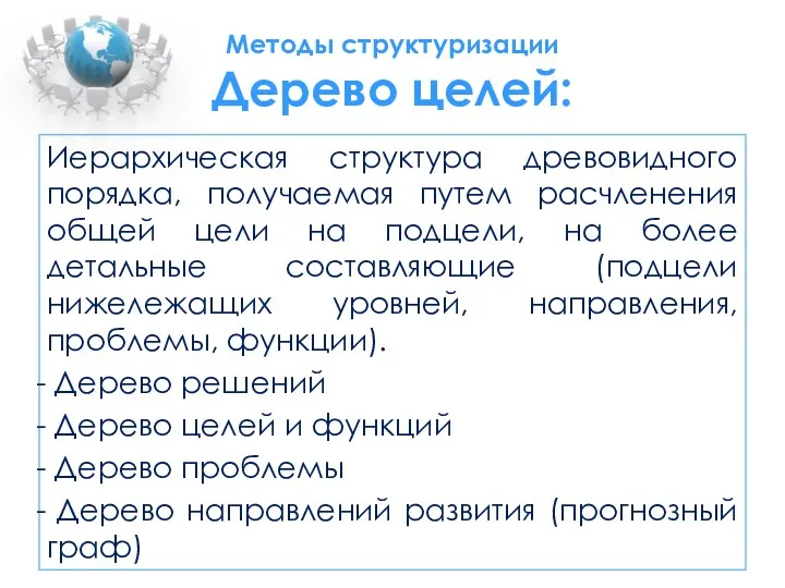 Методы структуризации Дерево целей: Иерархическая структура древовидного порядка, получаемая путем