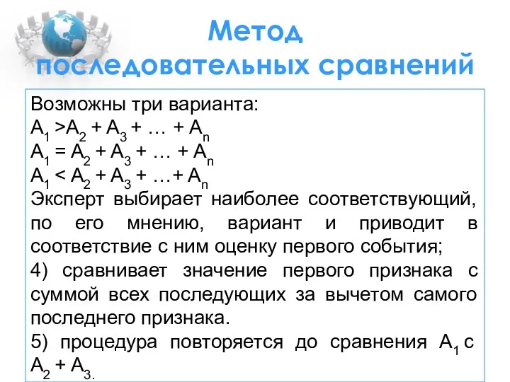 Метод последовательных сравнений Возможны три варианта: A1 >A2 + A3