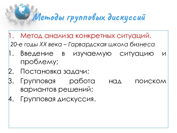 Методы групповых дискуссий Метод анализа конкретных ситуаций. 20-е годы ХХ