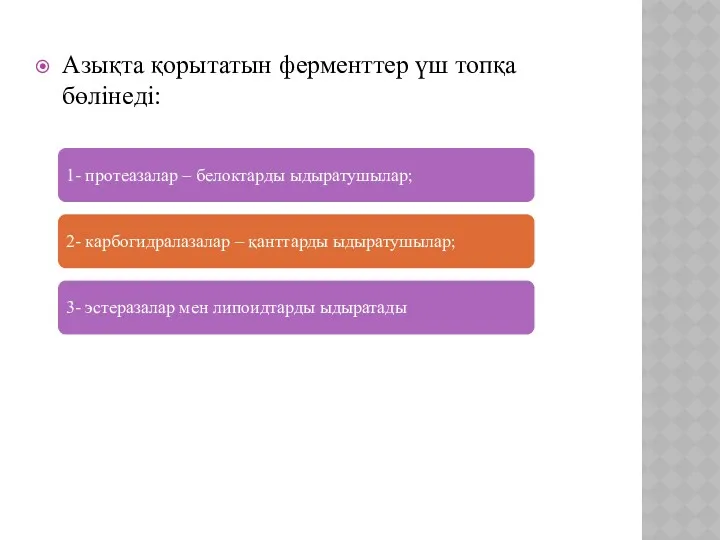 Азықта қорытатын ферменттер үш топқа бөлінеді: 1- протеазалар – белоктарды