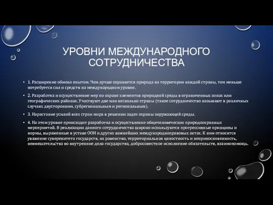 УРОВНИ МЕЖДУНАРОДНОГО СОТРУДНИЧЕСТВА 1. Расширение обмена опытом. Чем лучше охраняется природа на территории