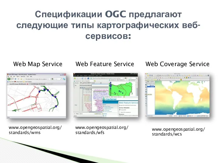 Web Map Service Спецификации OGC предлагают следующие типы картографических веб-сервисов: