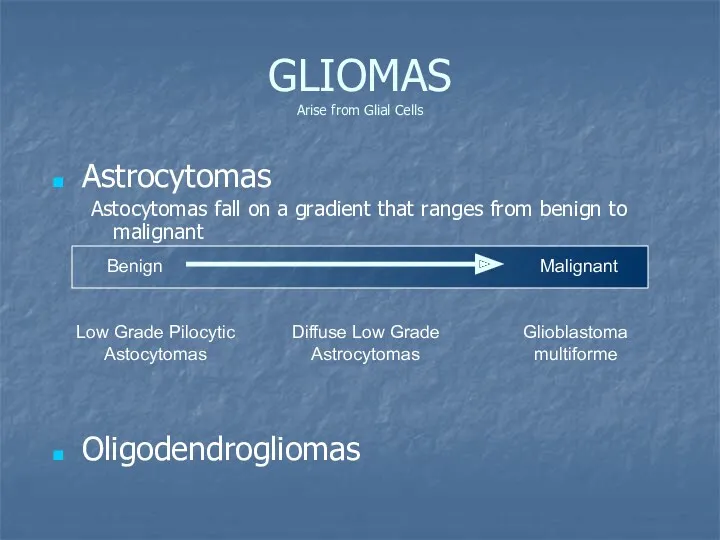 GLIOMAS Arise from Glial Cells Astrocytomas Astocytomas fall on a gradient that ranges