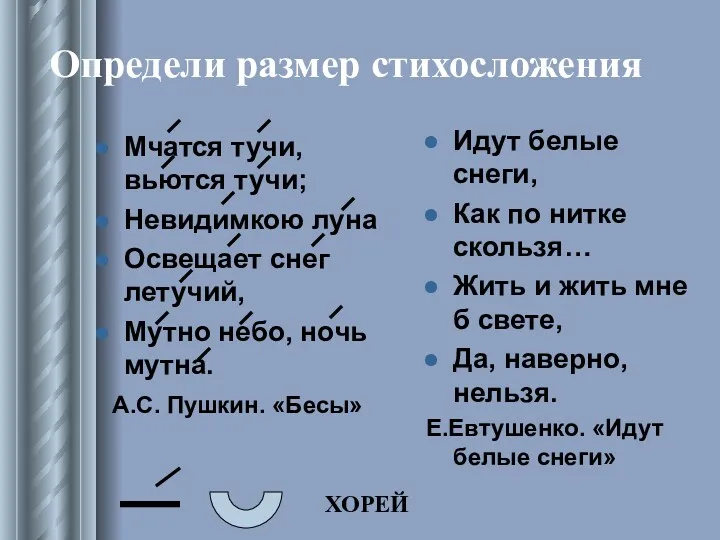 Определи размер стихосложения Мчатся тучи, вьются тучи; Невидимкою луна Освещает