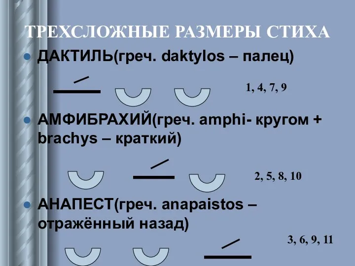 ТРЕХСЛОЖНЫЕ РАЗМЕРЫ СТИХА ДАКТИЛЬ(греч. daktylos – палец) АМФИБРАХИЙ(греч. аmphi- кругом