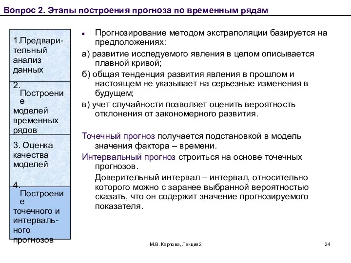 М.В. Карпова, Лекция2 Вопрос 2. Этапы построения прогноза по временным