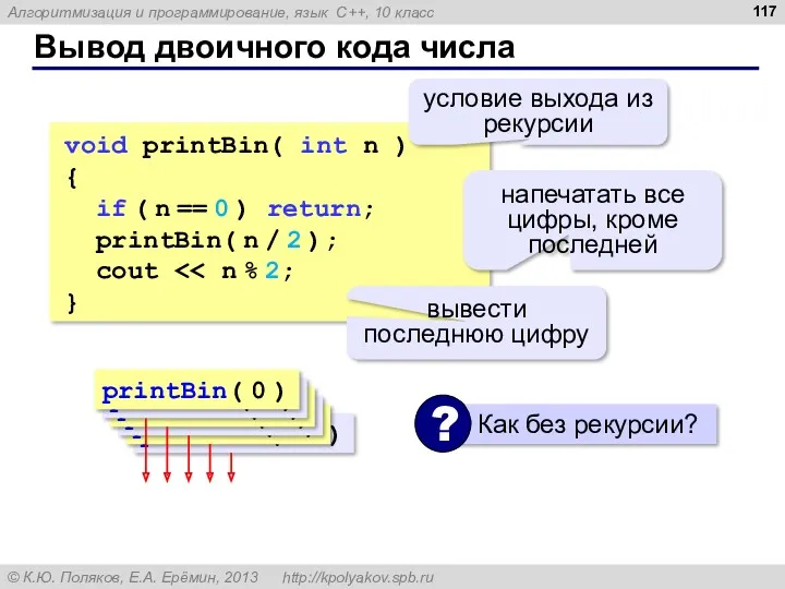 Вывод двоичного кода числа void printBin( int n ) {