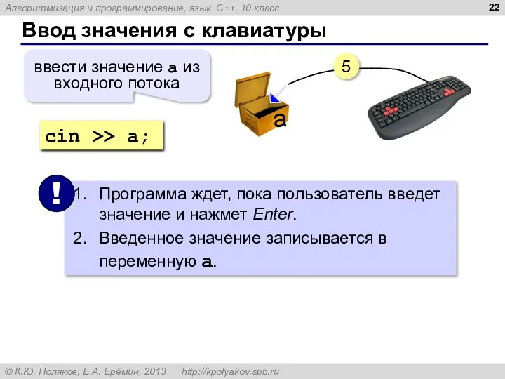 Ввод значения с клавиатуры 5 a cin >> a; ввести значение a из входного потока