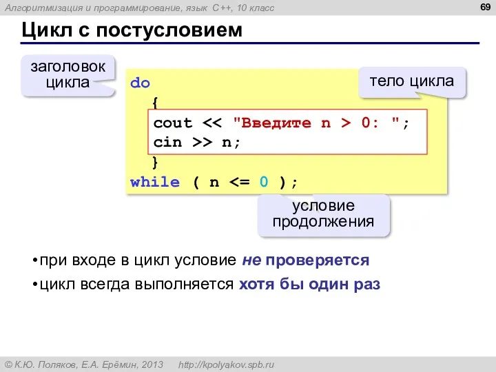 Цикл с постусловием do { } while ( n условие