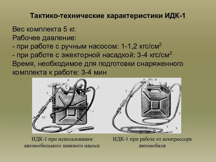 Тактико-технические характеристики ИДК-1 Вес комплекта 5 кг. Рабочее давление: -