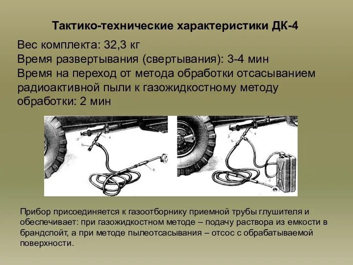 Тактико-технические характеристики ДК-4 Вес комплекта: 32,3 кг Время развертывания (свертывания):