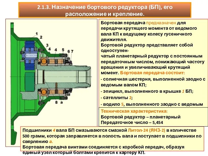 Бортовая передача предназначен для передачи крутящего момента от ведомого вала