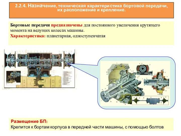 2.2.4. Назначение, техническая характеристика бортовой передачи, их расположение и крепление.