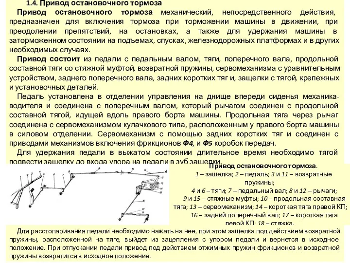 1.4. Привод остановочного тормоза Привод остановочного тормоза механический, непосредственного действия,