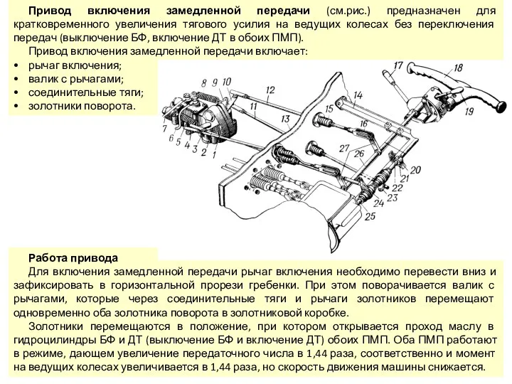 Привод включения замедленной передачи (см.рис.) предназначен для кратковременного увеличения тягового