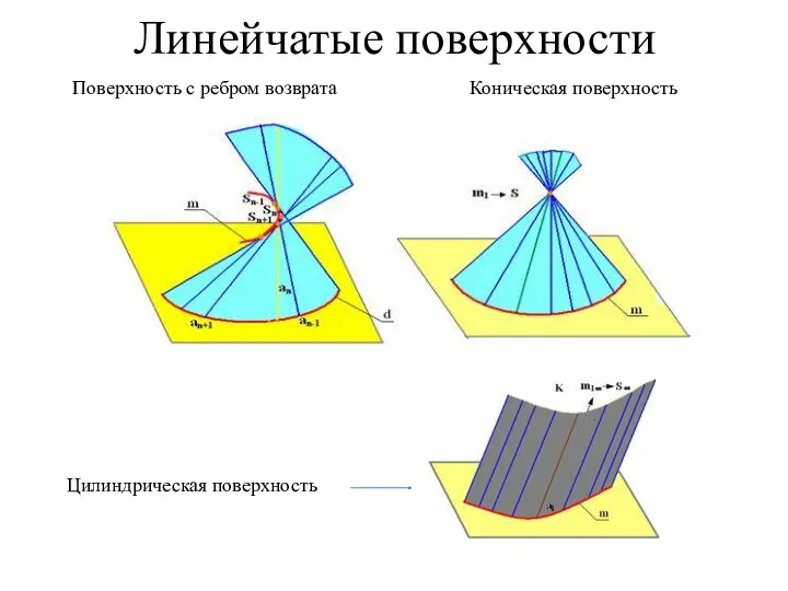 Линейчатые поверхности Поверхность с ребром возврата Коническая поверхность Цилиндрическая поверхность