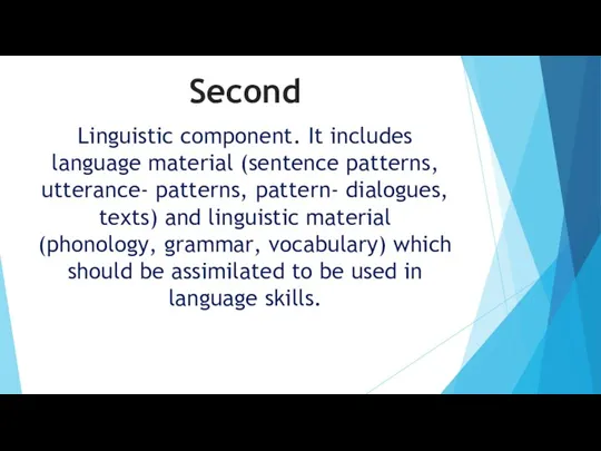 Linguistic component. It includes language material (sentence patterns, utterance- patterns, pattern- dialogues, texts)