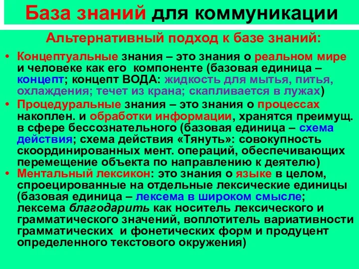 База знаний для коммуникации Альтернативный подход к базе знаний: Концептуальные