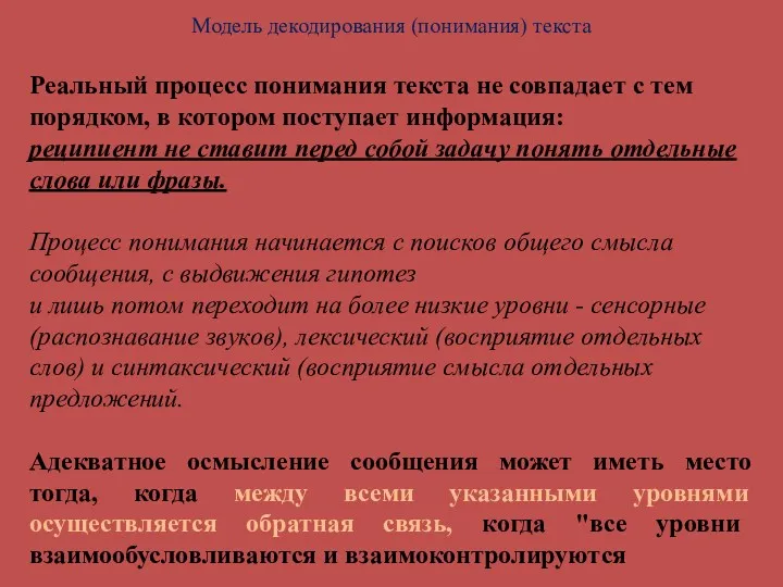 Модель декодирования (понимания) текста Реальный процесс понимания текста не совпадает