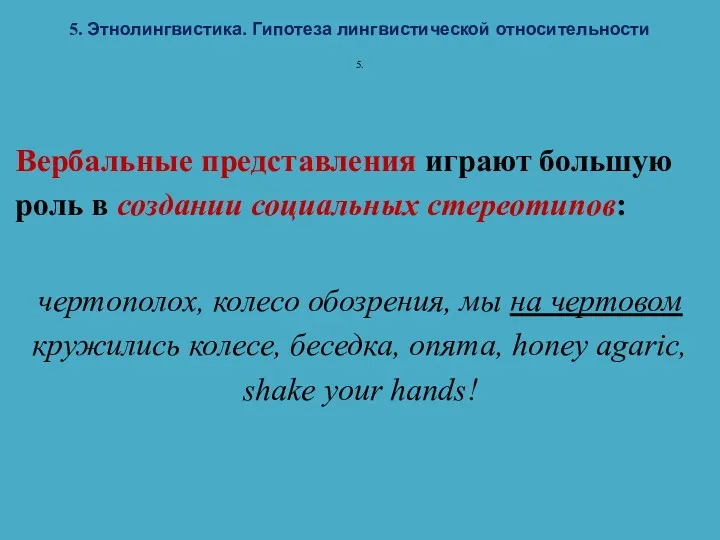 5. Этнолингвистика. Гипотеза лингвистической относительности 5. Вербальные представления играют большую