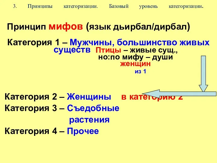 3. Принципы категоризации. Базовый уровень категоризации. Принцип мифов (язык дьирбал/дирбал)