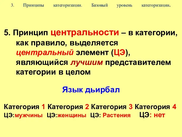 3. Принципы категоризации. Базовый уровень категоризации. 5. Принцип центральности –