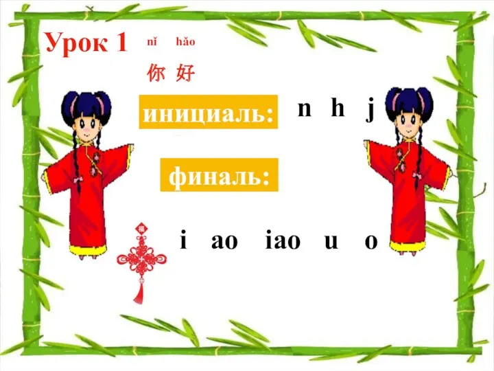 Урок 1 你 好 nǐ hǎo финаль: n h j i iao u ao o инициаль: