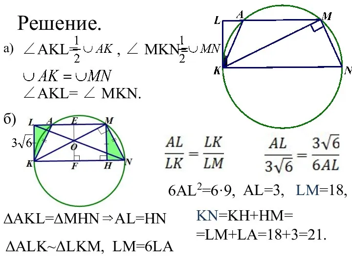 Решение. ∠AKL= , ∠ MKN= ∠AKL= ∠ MKN. а) б)