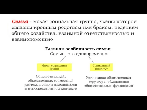 Главная особенность семьи Семья - это одновременно Малая социальная группа