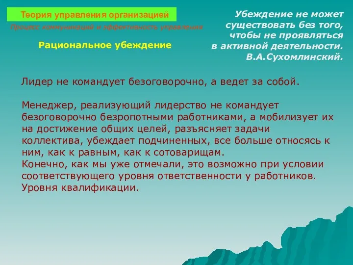 Теория управления организацией Убеждение не может существовать без того, чтобы