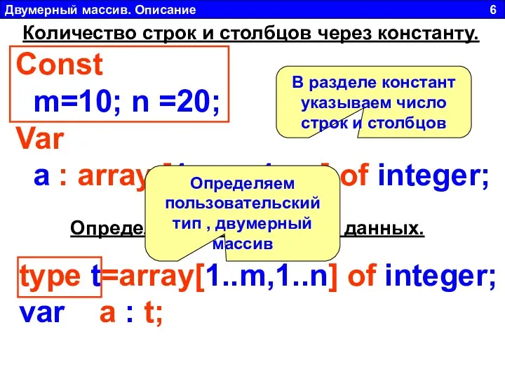 Двумерный массив. Описание 6 Const m=10; n =20; Var a : array [1..