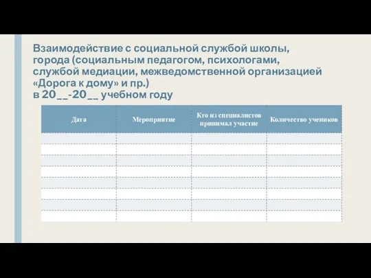 Взаимодействие с социальной службой школы, города (социальным педагогом, психологами, службой