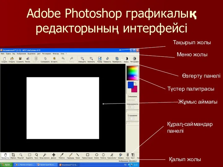 Adobe Photoshop графикалық редакторының интерфейсі Тақырып жолы Меню жолы Өзгерту