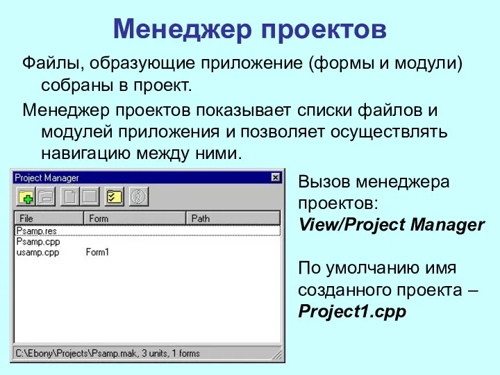 Менеджер проектов Файлы, образующие приложение (формы и модули) собраны в