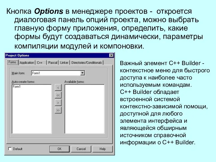 Кнопка Options в менеджере проектов - откроется диалоговая панель опций
